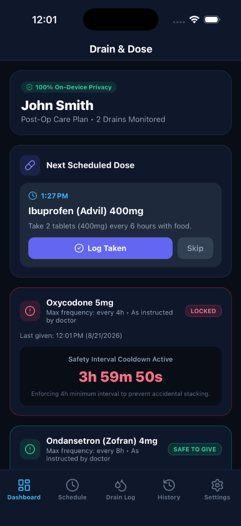 Drain & Dose Recovery Dashboard Screen