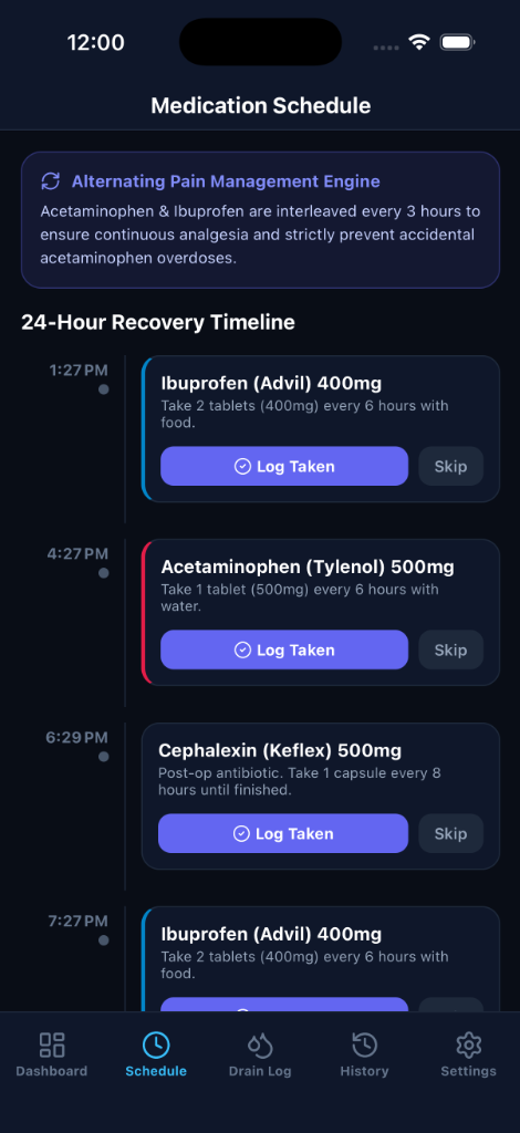 Drain & Dose Medication Schedule Screen